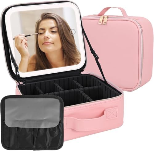 MOMENT Makeup bag with LED mirror, Travel Makeup Bag 3 Adjustable Brightness LED makeup bag with mirror and Dividers suitable for your Jewelry, Essential oil,Toiletries storage and makeup daily Pink