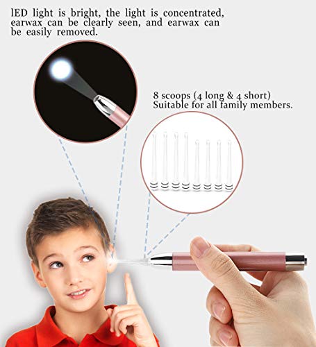 AIPINYUE Ear Wax Removal Tool，Ear Pick，LED Lights Ear Cleaning Kit，Updated Version、Non-Slip，Soft Safety Spoon Head、BPA Free，Replaceable and Easy to Clean，Safe Material (Two Golden)