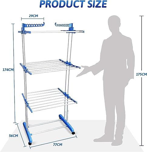 SKY-TOUCH 3 Layers Clothes Drying Rack Folding Clothes Rail Of Clothes Hanger, Adjustable Stainless Steel Hanger With Two Side Folding Wings For Indoor And Outdoor, Blue
