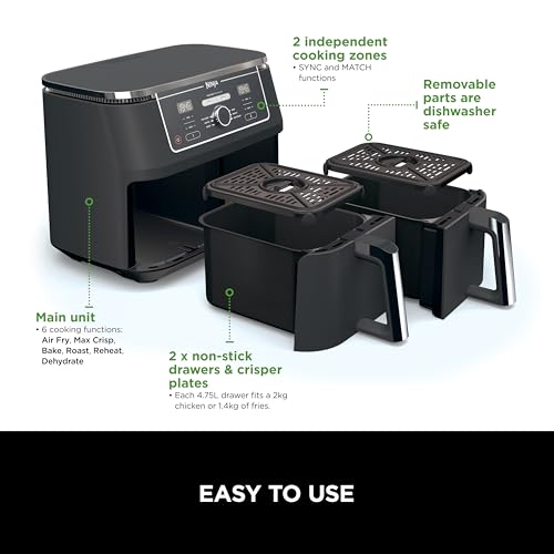 Ninja Foodi MAX Dual Zone Digital Air Fryer, 2 Drawers, 9.5L, 6-in-1, Uses No Oil, Air Fry, Max Crisp, Roast, Bake, Reheat, Dehydrate, Cook 8 Portions, Non-Stick Dishwasher Safe Baskets, Black AF400ME