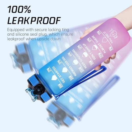 ECVV® 1L Motivational Water Bottle with Time Marker & Encourage Phrase - BPA Free, Leakproof Wide Mouth, Fast Flow Technology, Perfect for Daily Hydration(Blue Purple)
