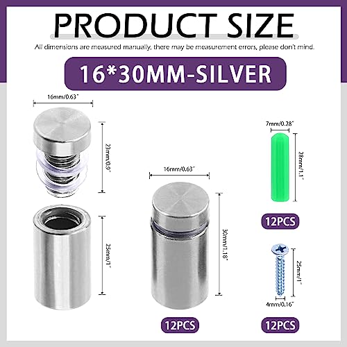 Swpeet 12 Sets 5/8" x 1.18" Silver Stainless Steel Standoff Screws, Wall Standoff Mounts Glass Acrylic Nail with Screws and Wall Anchors, Mounting Glass Hardware for Hanging Picture Frame Advertise
