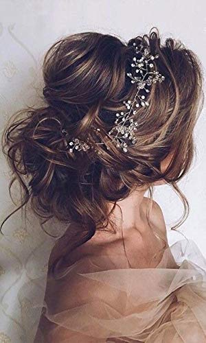 Denifery Bridal Rose Gold and Gold Silver Extra Long Pearl and Crystal Beads Bridal Hair Vine Wedding Head Piece Headband Hair Jewelry Hair Accessories (Silver)