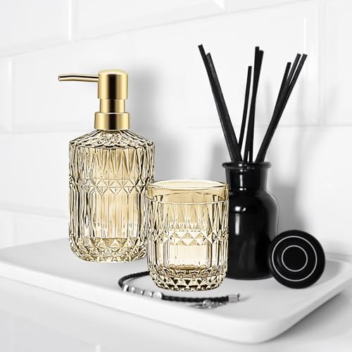 Decostatue Bathroom Accessories Set- 5 Pcs Modern Elegance with Soap Dispenser, Tumbler, Dish, Toothbrush Holder, Cotton Jar Countertop Vanity Organizer for Bathroom Set Glass- Golden