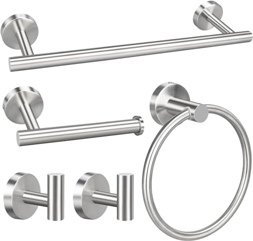 Lomeshow 5pcs Bathroom Hardware Set, Matte Black/Brushed Nickel/Brushed Gold Bathroom Hardware Set, Including 16" Hand Towel Bars, Toilet Paper Holders, Towel Rings, Robe Towel Hooks (Silvery)