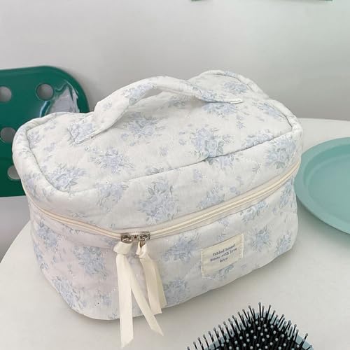 Lushandy 3 Pcs Quilted Floral Makeup Bag Set Cute Cosmetic Bag Coquette Aesthetic Makeup Bag Large Travel Makeup Organizer Toiletry Bag