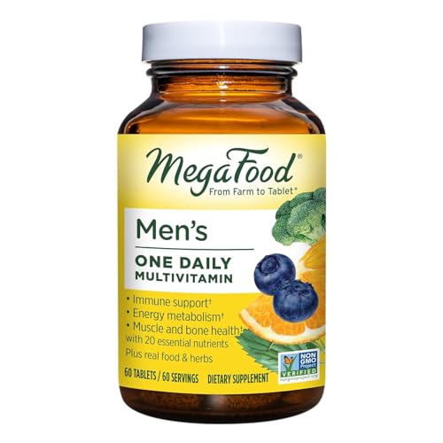 MegaFood Men's One Daily - Multivitamin for Men with Zinc, Selenium, Vitamin B12, Vitamin B6, Vitamin D & Real Food - Immune Support Supplement - Muscle and Bone Health - Vegetarian - 60 Tabs