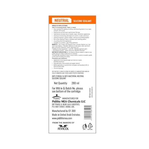 Dr. Fixit Neutral Silicone Sealant Clear 280 ML | High-Performance, Odor-Free Adhesive for Metals, Plastics, Glass, and Masonry