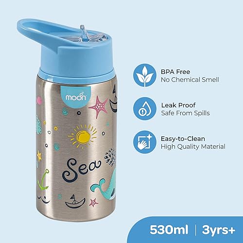 The Moon Brand Single Wall Stainless Steel Sipper Bottle 530ml BPA Free Lid, Easy Siping Lightweight for Kids – Portable- Large Capacity Indoor/Outdoor Spill Proof, Break Resistant - Blue
