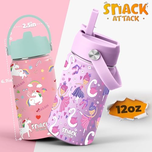 Snack Attack SA Kids Water Bottle for School Insulated water bottle with Straw Lid, Kids water bottle stainless steel, Double Wall, Baby water bottle, Steel water bottle (Lialc Ballerina)