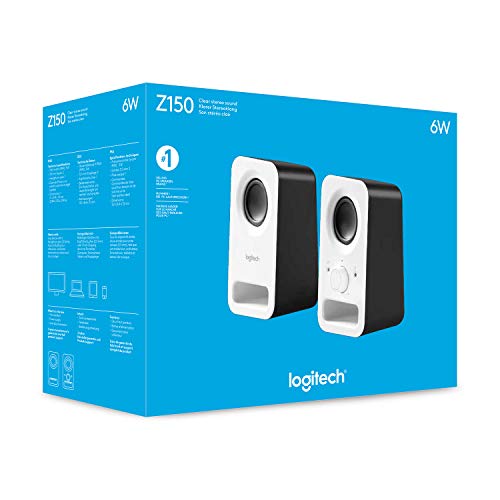 Logitech Z150 Compact Multimedia Stereo Speakers, EU Plug, 3.5mm Audio Input, Integrated Controls, Headphone Jack, Computer/Smartphone/Tablet/Music Player - Snow White