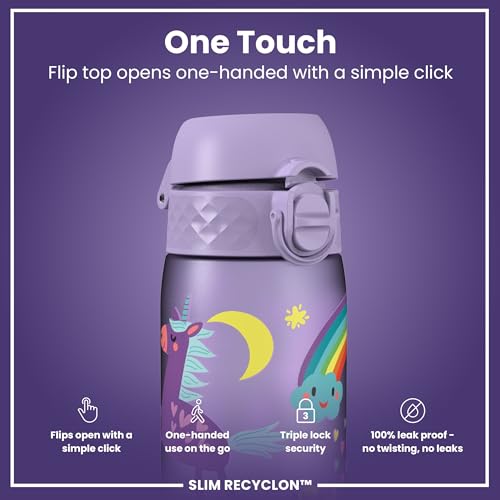 ION8 Water Bottle, 500ml/18oz, Slim Leak-proof & BPA-Free Drinking Bottle, Secure Lock Prevents Spills, Dishwasher Safe, Carry Handle, Ideal for Adults & Kids - Travel, Gym & School, Purple, Unicorns