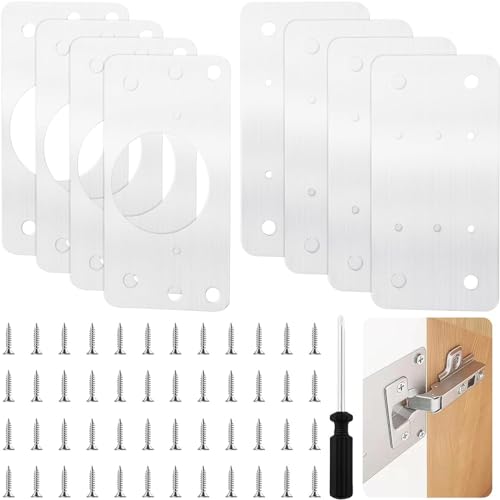 Thick Hinge Repair Plate Kit, 8pcs Cabinet Hinge Repair Plate Stainless Steel Door Hinge Repair Kit Hinge Fixing Plate Bracket kit with Mounting Screw, Protect Wooden Kitchen Cabinet Door, Furniture