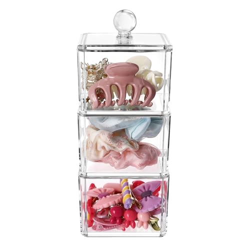 BLVRYVIO Hair Accessories Organizer, Bathroom Containers for Headbands, Bows, Ties, Tools, Scrunchies, Cotton Swab Organization - Clear 3 Stackable Acrylic Holder With Lids