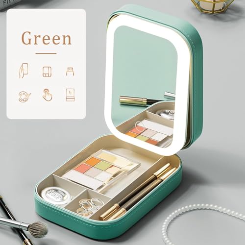 Tufexigo Travel Makeup Case with LED Mirror, Makeup Bag with Lighted Mirror, Cosmetic Train Storage Box, Portable Organizer Vanity Case for Women Beauty Tools Accessories Rechargeable (Green)