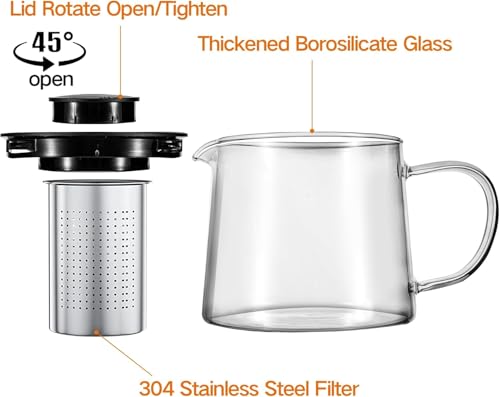 Azonee Glass Teapot With Removable Infuser, Heatproof Borosilicate Tea Maker, Stovetop Safe Kettle for Loose and Blooming Leaf (1000ml/33OZ)