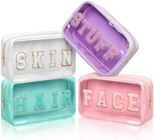 Pinkunn 4 Pcs Preppy Makeup Bags Christmas Chenille Letter Bag Face Skin Hair Stuff Cosmetic Bag Corduroy Makeup Pouch with Zipper Birthday Gifts for Women(Purple, Pink, White, Blue,Corduroy)