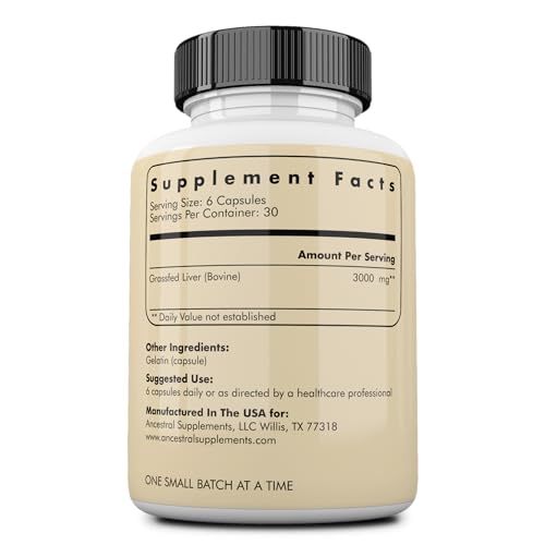 Ancestral Supplements Grass Fed Beef Liver Desiccated Natural Iron, Vitamin A, B12 for Energy (180 Capsules)