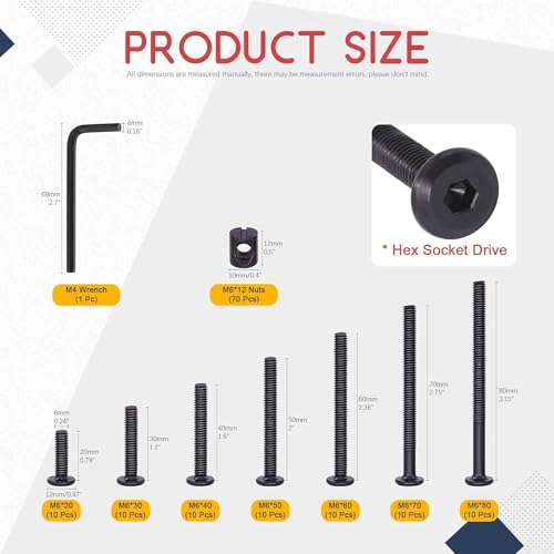 JOEJNCED 141Pcs Crib Hardware Screws, M6 Black Socket Cap Screws Bolts Bucket Nuts Hardware Assortment Set For Furniture Crib Bolts Nuts Screws Chairs Table Cabinets