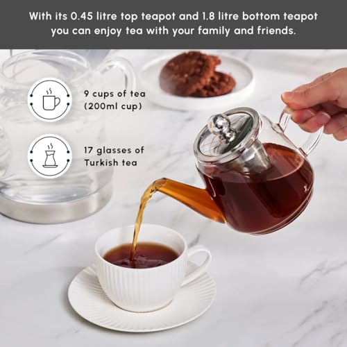 Karaca Dora Glass Teapot, 450 ml, Kettle 180 ml, Suitable for Gas and Electric Cooking Systems, Tea Maker, Caydanlik, and Teapot Set, Teapot