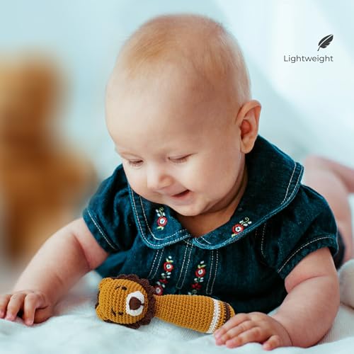 The MOON Brand Handcrafted Crochet Knitted Loop Rattle – Ultra-Soft Newborn Baby Plushie | Adorable Newborn knitted Prop, Plushie & Mini Toy | Safe, Non-Toxic, BPA-Free- Lion