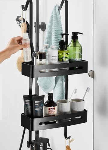 U-HOOME Shower Caddy Over The Door Hanging Shower Organizer Shelf Basket Storage Rack with Suction Cup,Bathroom Shelves Basket Rack Drill Free Pantry Organizer Rack (Black)