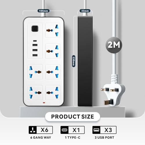 Eli-time Universal Extension Lead with Multiple Function, UK 3 Pin Socket Outlet with 6 Gang | 3 USB Port | 1 Type-C Port,2M Electric Socket Mains Strip for Home,Kitchen,and Office (White)