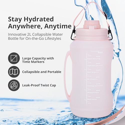 The ABM 2L Collapsible Water Bottle - Leakproof BPA-Free, Reusable, Lightweight Travel Essentials & Water Bottle for Kids - Foldable for Gym, Camping, Hiking, Sports, w/Time Marker (Pink)