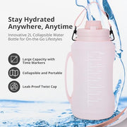 The ABM 2L Collapsible Water Bottle - Leakproof BPA-Free, Reusable, Lightweight Travel Essentials & Water Bottle for Kids - Foldable for Gym, Camping, Hiking, Sports, w/Time Marker (Pink)