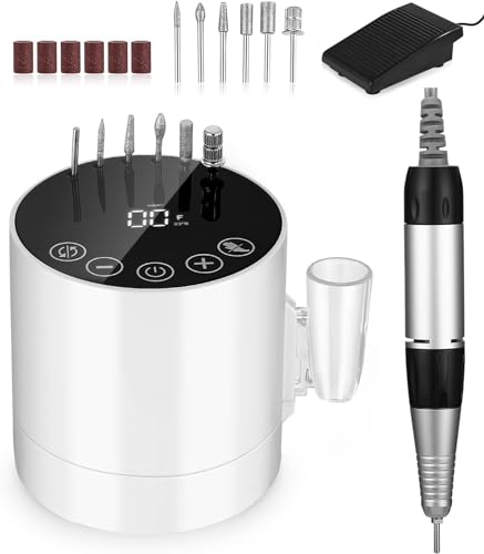 Electric Nail Drill File, 35000 RPM Electric Nail Files Adjustable Speed, Professional Nail Files for Acrylic and Gel Nails, Electric Manicure Pedicure Kit with LCD Display Touchscreen Buttons (White)