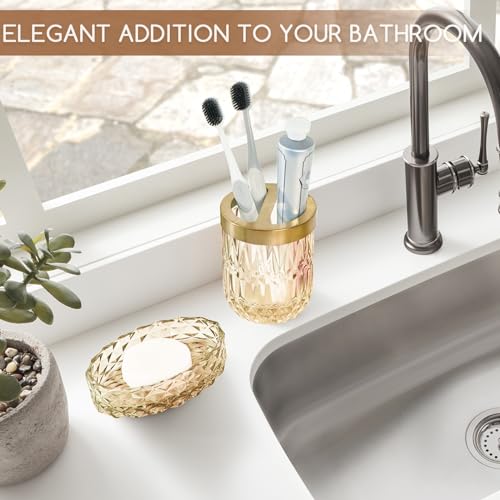 Decostatue Bathroom Accessories Set- 5 Pcs Modern Elegance with Soap Dispenser, Tumbler, Dish, Toothbrush Holder, Cotton Jar Countertop Vanity Organizer for Bathroom Set Glass- Golden