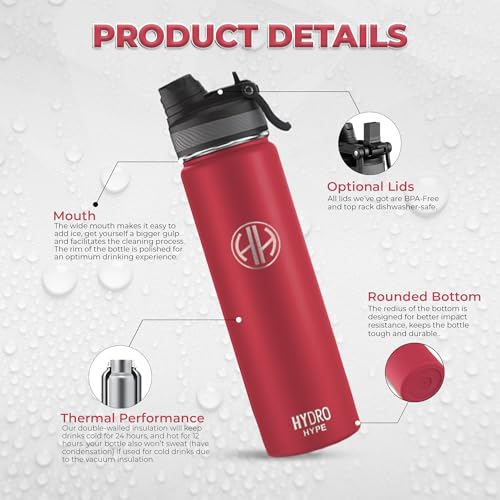 HYDRO HYPE Stainless Steel Water Bottle 750ml/25oz,Double wall,water bottle for Kids school,Sports water bottle for Adults,Work,Gym,Travel,home and Office,New 2 in 1 Lid (Cherry Red, 25oz/750ml)