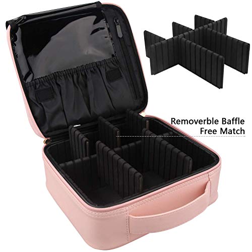 AMERTEER Travel Makeup Case - Portable Travel Makeup Cosmetic Case Organizer Artist Storage Bag With Adjustable Dividers For Cosmetics Makeup Brushes Toiletry Jewelry Digital Accessories (PINK)