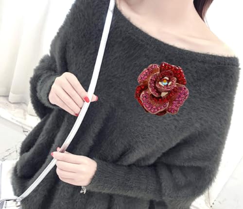 Tazweeq Brooch Pin Women's Rhinestones Breastpin for Wedding/Banquet/Bouquet, Red Rose Rhinestone Brooch, Flower Series Corsage Jewelry