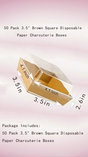 Sweet seven 50 Pack 3.5" Brown Square Disposable Paper Charcuterie Boxes with Clear Lids for Food Desserts and Bakery Items Ideal for Sandwiches Cake Slices Cookies and More