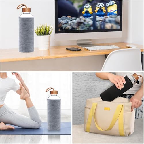 MAX-EMA Glass Water Bottle 1 Liter With Bamboo Lid And Neoprene Sleeve Reusable Glass Bottle For Hot And Cold Drinks, Juice, Tea, Milk, Smoothies And For Home, Gym And Travel (Blue)