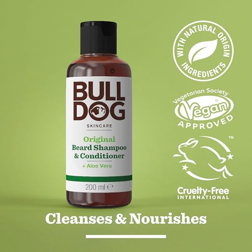 Bull Dog Original 2 in 1 Beard Shampoo & Conditioner For Men, Contains Aloe Vera, Camelina Oil And Green Tea, Deep Cleansing, leaves beard soft, fresh, nourished, and conditioned, Everyday Use, 200ML