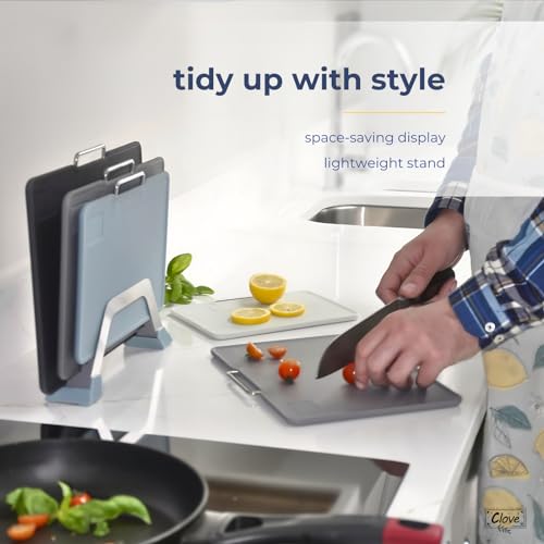 CLOVE Plastic Chopping Boards with Stand BPA-Free Grey Chopping Boards Dishwasher Safe 32 x 24, 30 x 20, 26 x 19 cm Large for Meat Kitchen Chopping Boards Non-Slip Juice Groove Black