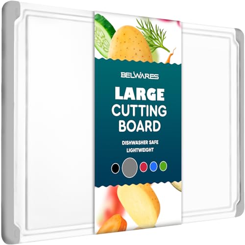 Belwares Large Cutting Boards for Kitchen - Dishwasher Safe Non-Slip Cutting Boards with Juice Grooves, Easy Grip Handles - Large and Thick Chopping Board Grey