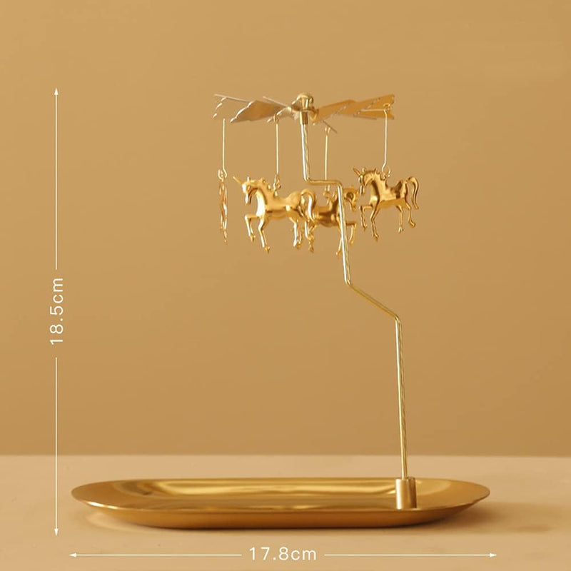 Creahaus Rotating Candle Holder with Tray, Gold Candle Spining Metal Holder for Christmas, Valentine's Day, Party Table Decor, Gift (Gold Carousel)