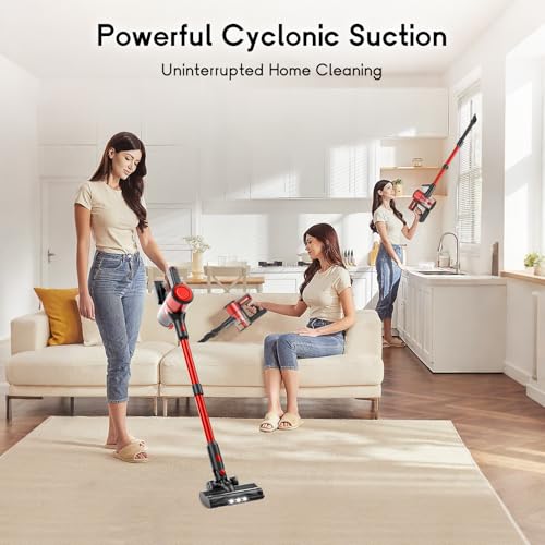 BSNAW Cordless Vacuum Cleaner for Home - Lightweight, 30Kpa Stick Vacuum Clean with Rechargeable Battery, Max 45Mins Runtime, 8 in 1 Handheld Vacuum for Hardfloor & Carpets Pet Hair, Red
