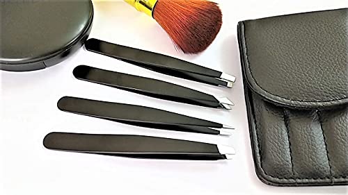 tweezer Professional 4 Piece Stainless Steel Tweezer Set With Leather Bag Case for eyebrow and Eyelash tweezer