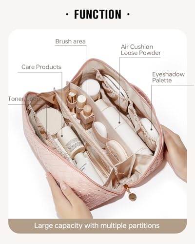EACHY Travel Makeup Bag,Large Capacity Cosmetic Bags for Women,Waterproof Portable Pouch Open Flat Toiletry Bag Make up Organizer with Divider and Handle