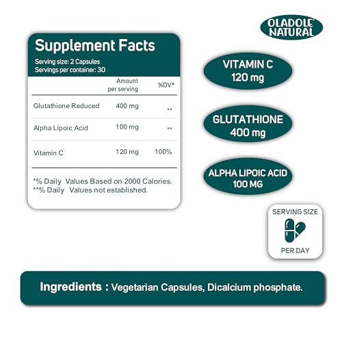 Oladole Natural Glutathione 60 Capsules | Complex with Vitamin C & Alpha Lipoic Acid | Triple Strength Formula Boosts Collagen for Skin Brightening, Dark Spot Reduction & Anti-Aging