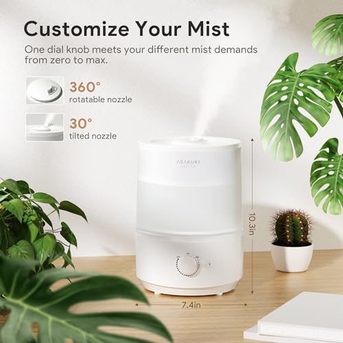 ASAKUKI Humidifiers for Bedroom Home, 3L Top Fill Cool Mist Air Humidifiers for Baby Nursery & Plants, 3-IN-1 Quiet Oil Diffuser & Night Light for Large Room, Auto Shut-off, BPA-Free, 30H