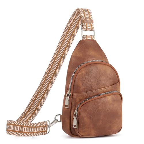 BIGTHREE Small Sling Bag for Women, Leather Fanny Pack Crossbody Bags for Women and Men, Chest Bag With Guitar Strap, PU Leather Crossbody Bags, Crossbody Fanny Pack Sling Bag for Hiking Running