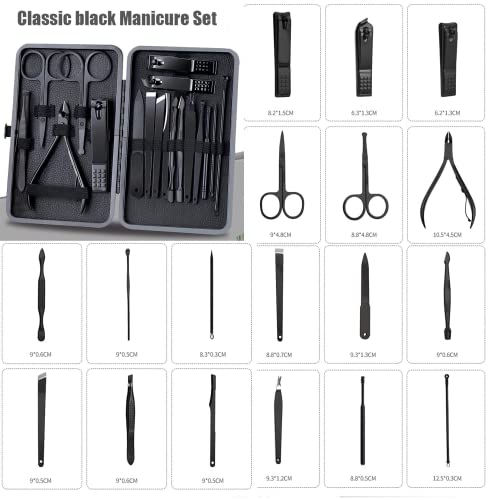 Professional Nail Clippers Set 18 pcs, KASTWAVE Black Stainless Steel Sharp Nail Trimmer Pedicure and Manicure Set with Cortex Metal Case for Men and Women