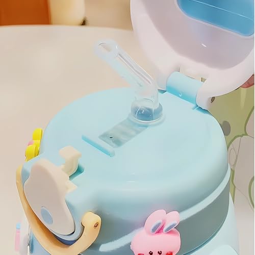 Twisoo Cute Rabbit Cartoon Kids Water Bottle with Straw and Adjustable Strap Food Grade Tritan One-Click Open Portable Leak Proof Insulated BPA Free For Kids Girls School Travel 500ml (Blue)