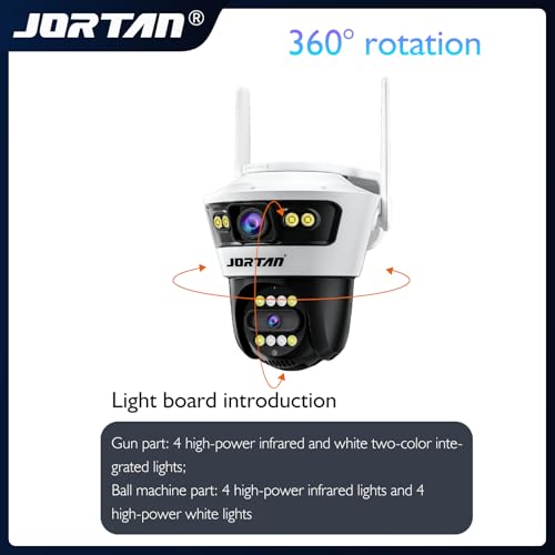 JORTAN 6MP 2-in-1 Dual Camera Smart Wifi Security Camera 12V/2A HD Outdoor PTZ Cam Horizontal and Up Down Rotation with Person/Vehicle Detection & Color Night Vision & Spotlight Siren & Two Way Audio