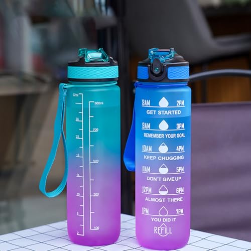 ECVV® 1L Motivational Water Bottle with Time Marker & Encourage Phrase - BPA Free, Leakproof Wide Mouth, Fast Flow Technology, Perfect for Daily Hydration(Blue Purple)